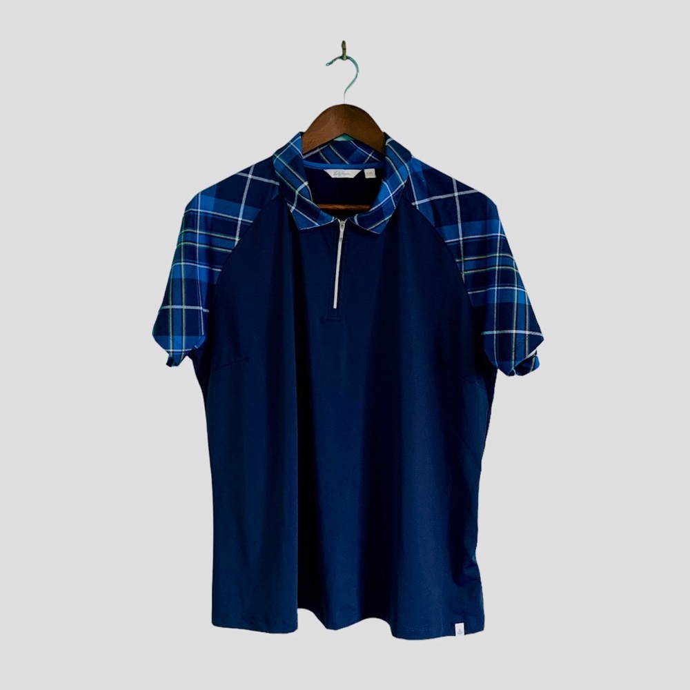 Lady Hagen navy blue golf shirt size XXL plaid trim short sleeve athletic active - Picture 1 of 5